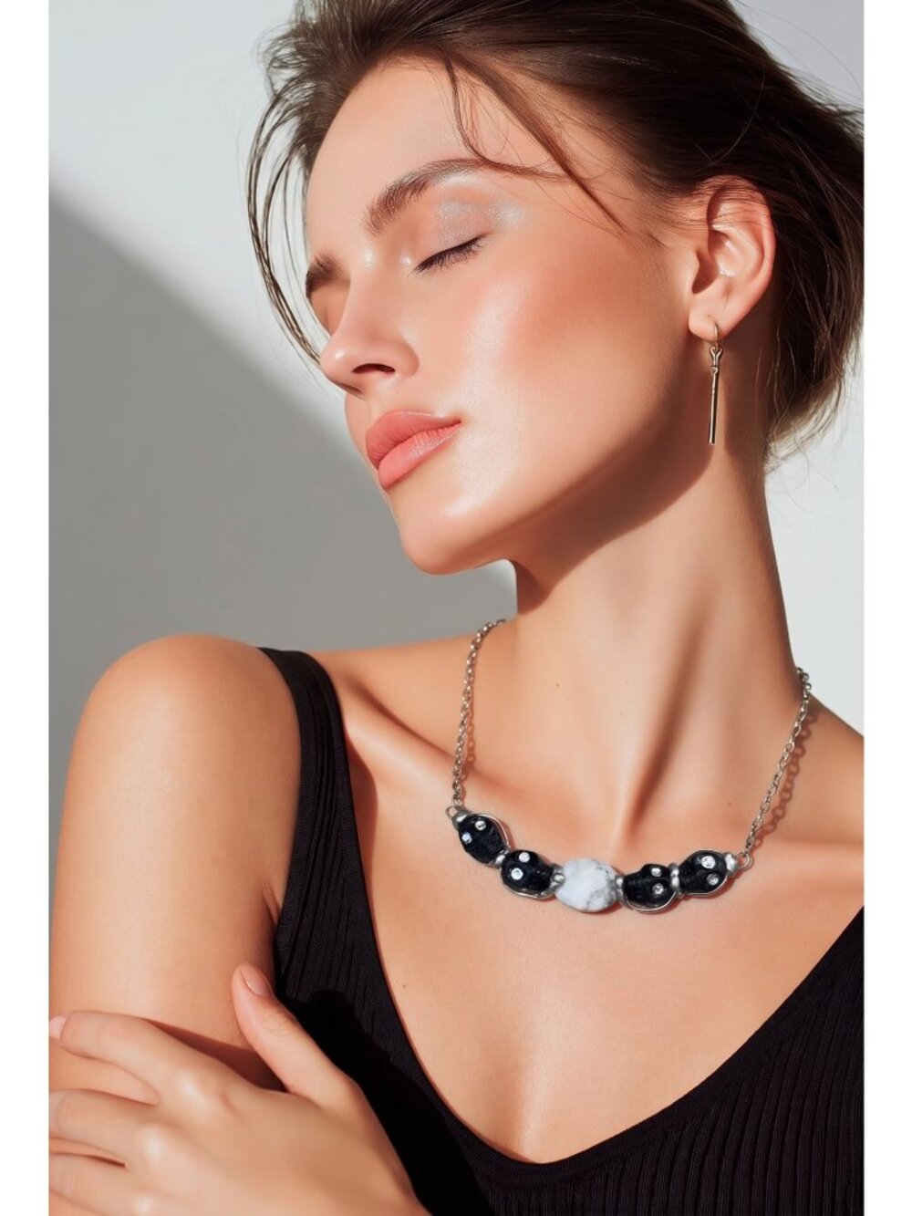 Black Onyx Skull & White Marble Bohemian Necklace | Swarovski Crystals